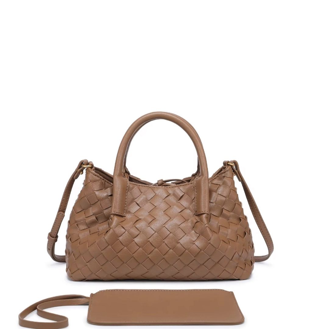 Mini Morgan Bag in brown woven vegan leather with removable strap and matching pouch by ACCESSORY CONCIERGE