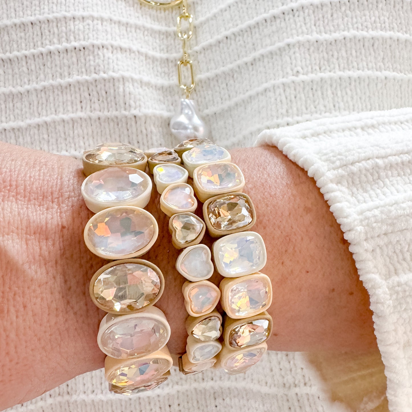 Nude Hearts Stack Set with iridescent crystal and gold tones, personally curated in Fredericksburg TX