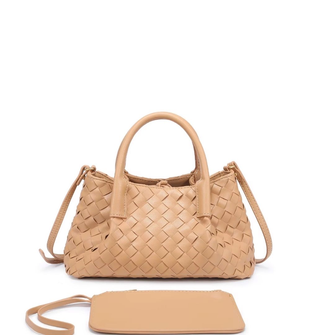 Mini Morgan Bag in beige woven vegan leather with removable strap and matching pouch by ACCESSORY CONCIERGE