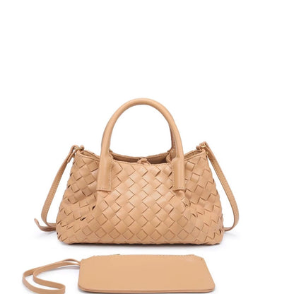Mini Morgan Bag in beige woven vegan leather with removable strap and matching pouch by ACCESSORY CONCIERGE