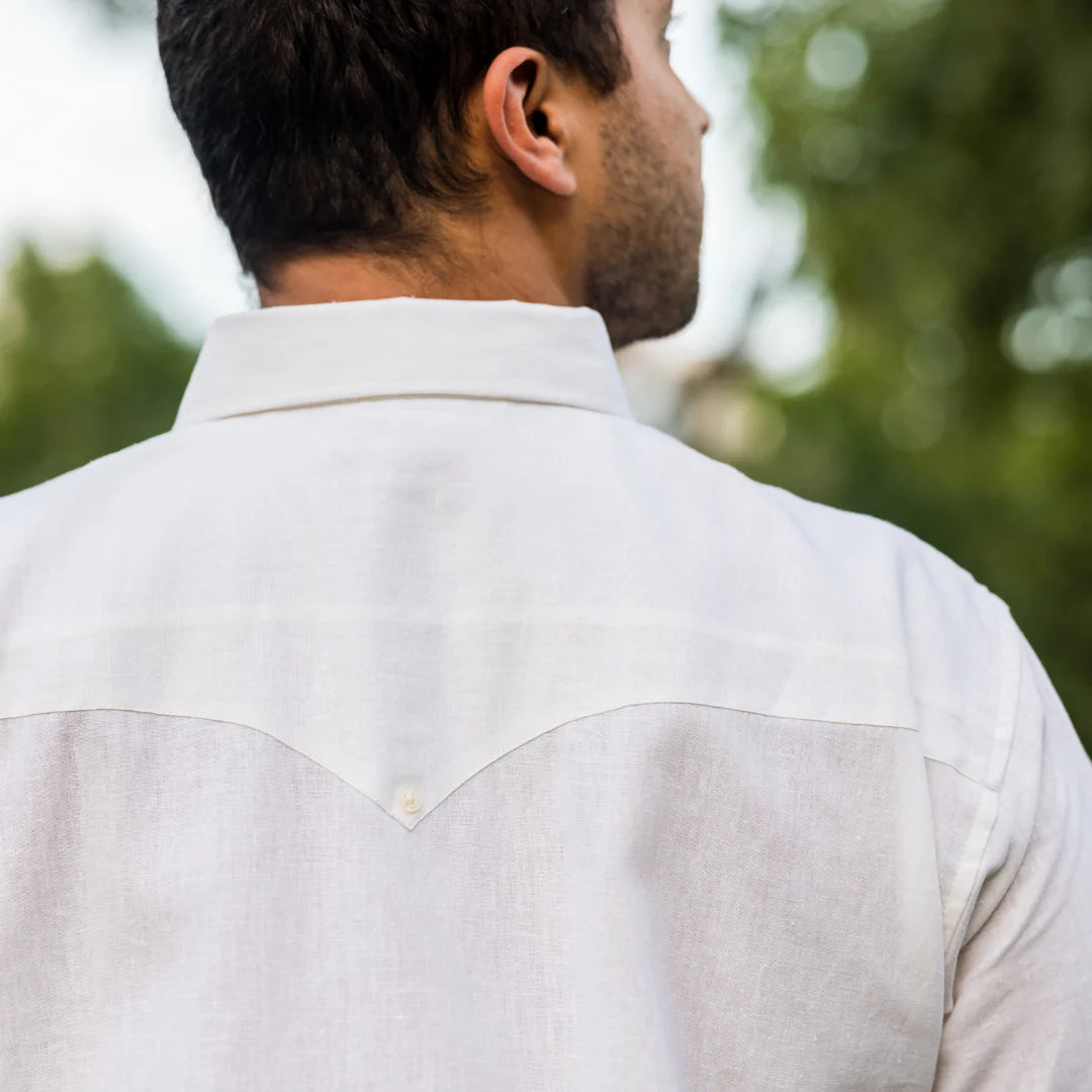 Tejas Guayabera - Flores men's shirt in ivory with green geometric floral by TEXAS STANDARD