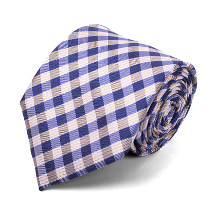 Men's Tie 5980 in woven microfiber with blue, tan, and white plaid by SELINI NEW YORK HCO Ties