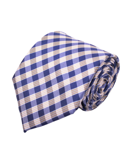 Men's Tie 5980 in microfiber with blue, white, and tan check pattern by SELINI NEW YORK HCO Ties
