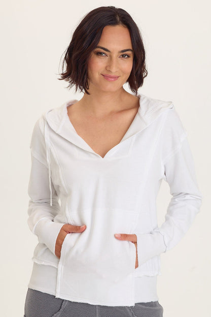 Rosalyn Hoodie in white with raw edges and kangaroo pocket by XCVI, Women’s Sweaters HCO