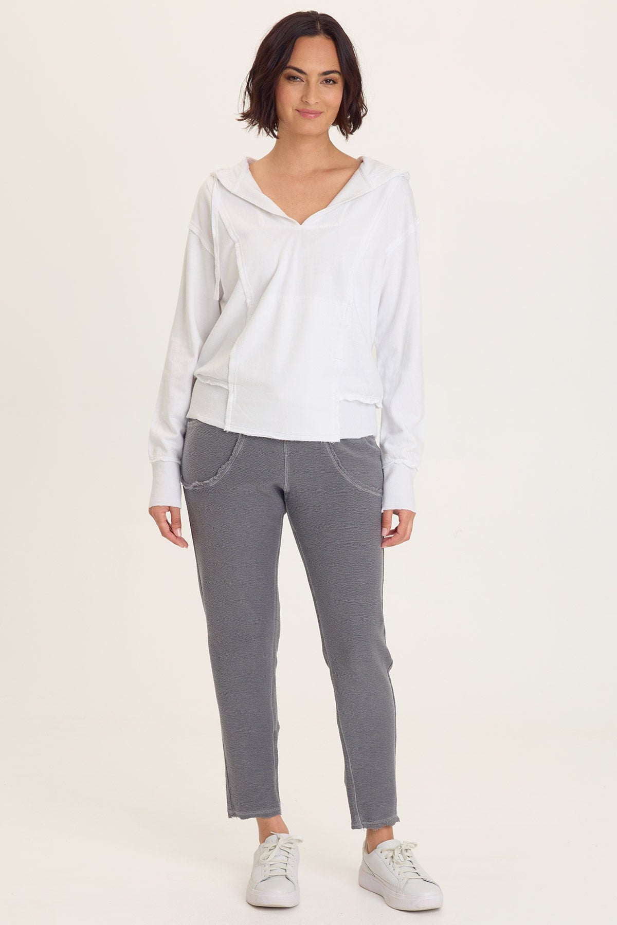 Rosalyn Hoodie in white with raw edge details and slimming seams by XCVI, Women’s Sweaters HCO