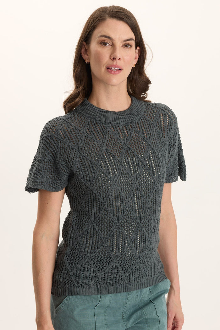 Copeland Mock Neck in green diamond-knit Cali Cotton, short sleeve, XCVI women's shirt sale HCO