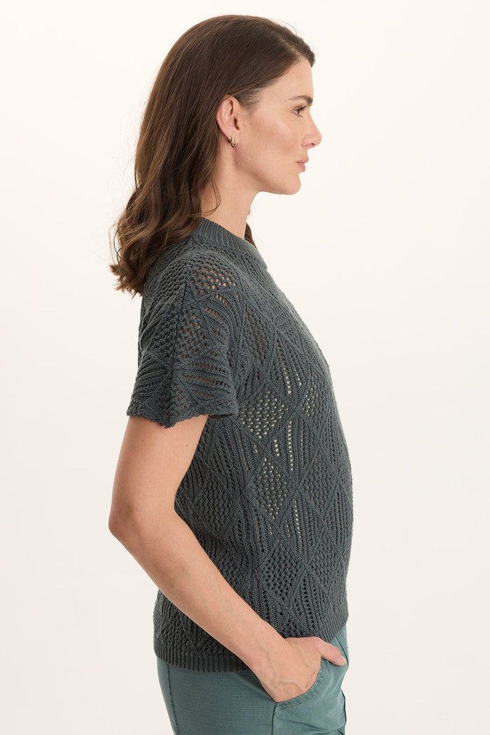 Copeland Mock Neck in green diamond-knit Cali Cotton, short sleeve, XCVI, women's shirts SALE HCO