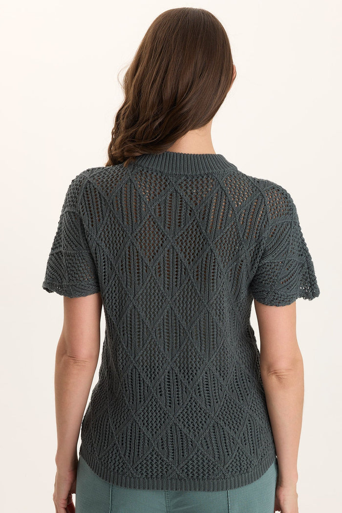 Copeland Mock Neck in green diamond-knit Cali Cotton, short sleeve, XCVI women’s shirt SALE HCO