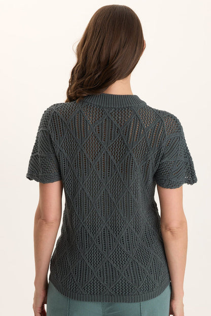 Copeland Mock Neck in green diamond-knit Cali Cotton, short sleeve, XCVI women’s shirt SALE HCO