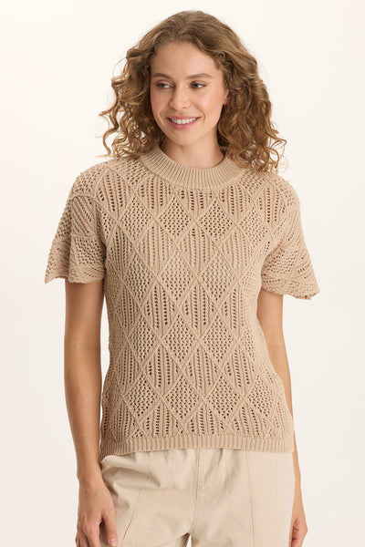 Copeland Mock Neck in beige diamond-knit Cali Cotton, short sleeve, XCVI women’s shirt SALE HCO