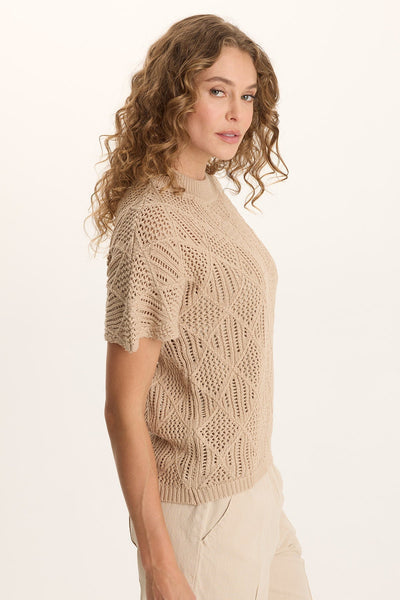 Copeland Mock Neck in beige diamond-knit Cali Cotton, short sleeve, XCVI women’s shirt SALE HCO