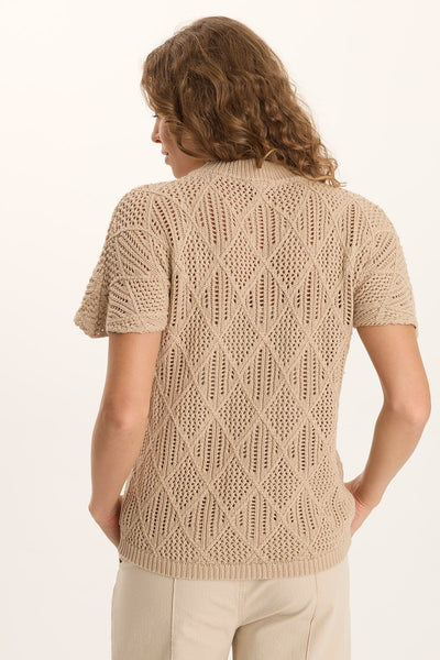 Copeland Mock Neck beige diamond-knit Cali Cotton short sleeve top XCVI Women's shirts SALE