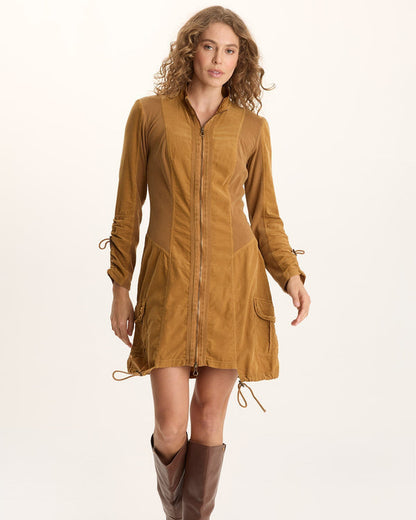 Anu Jacket Dress in gold and brown with two-way zipper, adjustable hem, and flapped pockets by XCVI