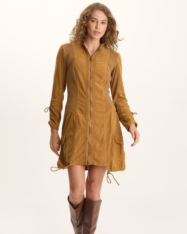 Anu Jacket Dress in gold and brown with two-way zipper, adjustable hem, and flapped pockets by XCVI