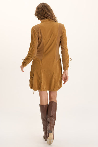 Anu Jacket Dress in gold and brown with asymmetrical hem and adjustable arm channels by XCVI