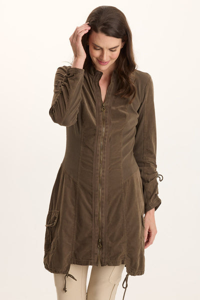 Anu Jacket Dress in gold and brown with two-way zipper, adjustable sleeves, and patch pockets by XCVI