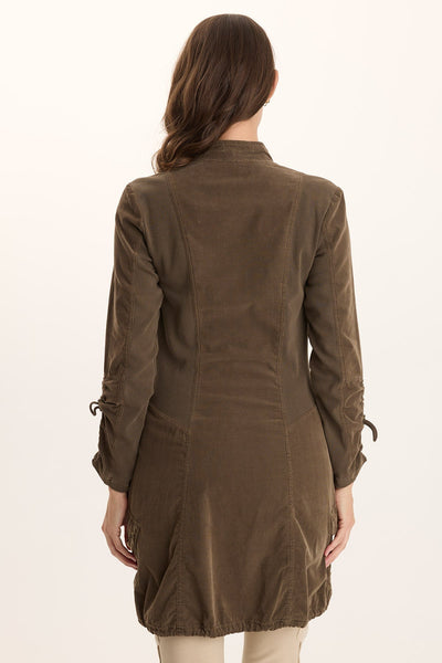 Anu Jacket Dress in brown with corded adjustable sleeves and elongated side panels by XCVI