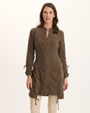 Anu Jacket Dress in gold and brown with two-way zipper, adjustable hem, and flared sleeves by XCVI