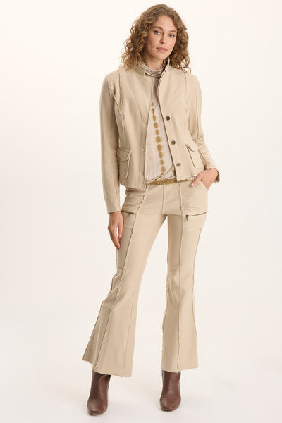 Ninian Flare Pant in stretch beige twill knit with raised seams and antique brass hardware, XCVI Women's Pants SALE
