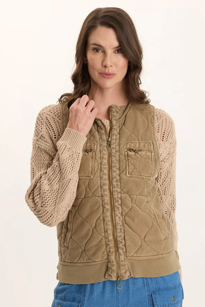 Aeric Quilted Vest in beige cotton quilting with zipper and front pockets by XCVI