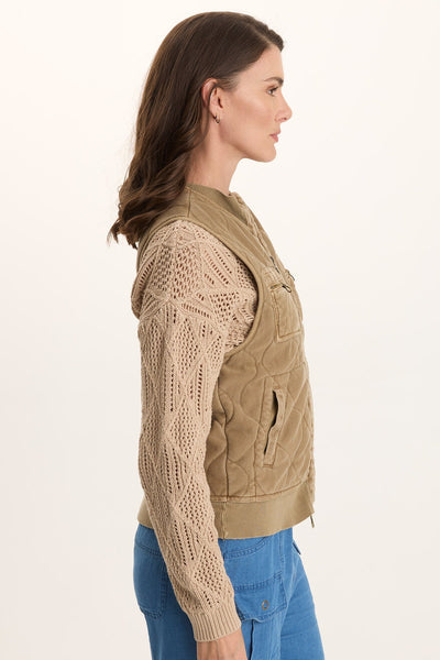 Aeric Quilted Vest in beige cotton quilting layered over a beige knit sweater by XCVI