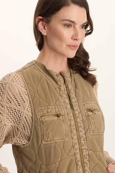Aeric Quilted Vest in beige cotton quilting with zip front and patch pockets by XCVI