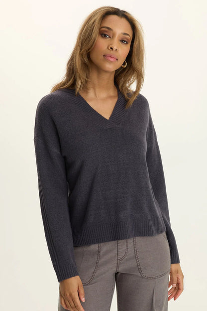 Ambrose V-Neck sweater in navy ribbed knit, XCVI Women's Sweaters, curated Fredericksburg TX