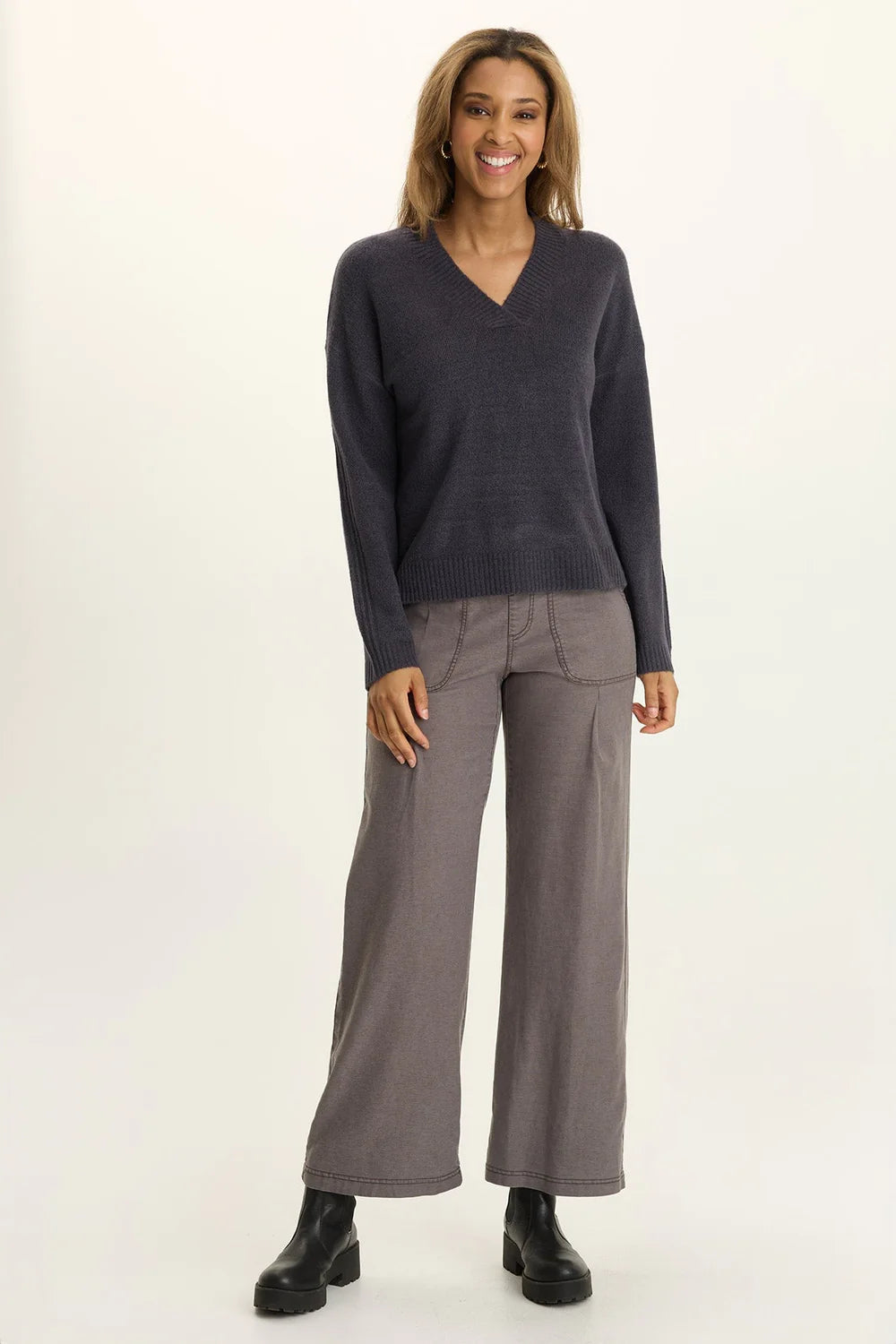 Ambrose V-Neck sweater in charcoal ribbed knit, XCVI Women's Sweaters, HCO Fredericksburg TX