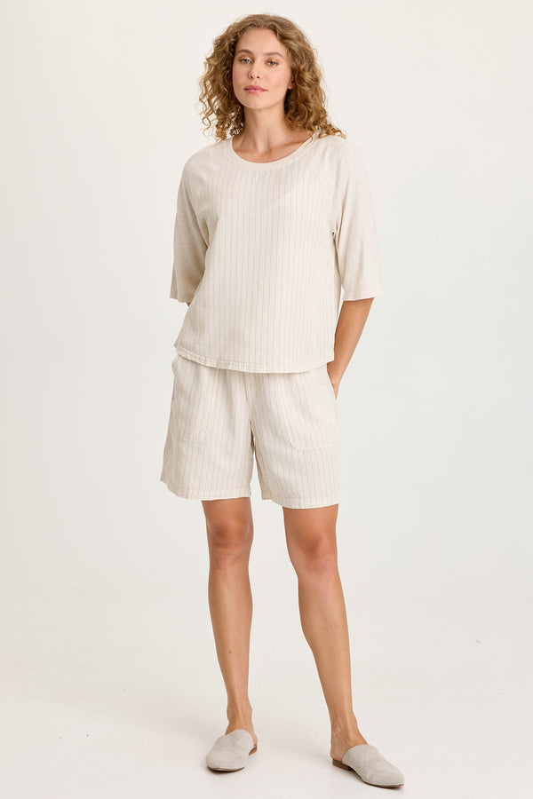 Lynn Short in beige striped twill with paperbag waist, drawstring, and front pockets XCVI HCO Shorts