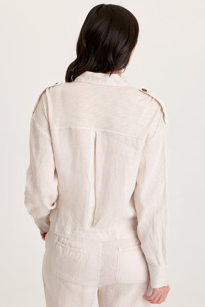 Baltazar Jacket in white linen with tabbed shoulders, pleats, and brass buttons by XCVI Women's Jackets HCO