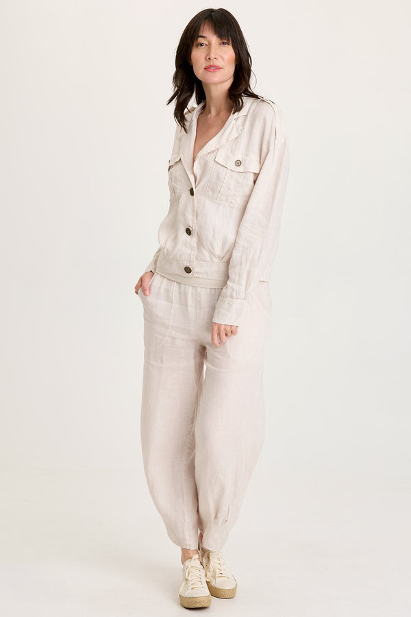 Baltazar Jacket in silver linen with brass buttons, chest pockets, and banded sleeves XCVI HCO
