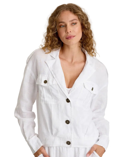 Baltazar Jacket in white linen with brass buttons, pleated detail, and tabbed shoulders XCVI HCO