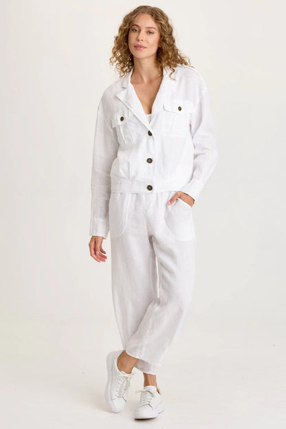 Baltazar Jacket in white linen with brass buttons, tabbed shoulders, and chest pockets XCVI HCO