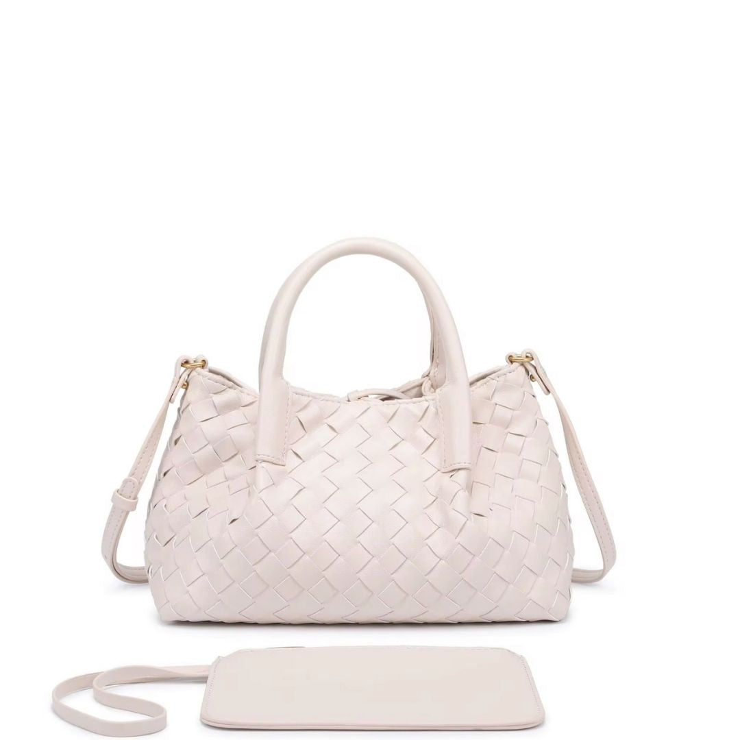 Mini Morgan Bag in beige woven vegan leather with removable strap and matching pouch by ACCESSORY CONCIERGE
