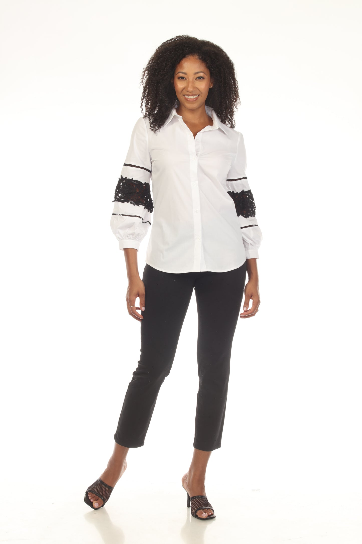 Cornelia blouse in white with black lace sleeves, stretch fabric by AZI JEANS at HCO FBG
