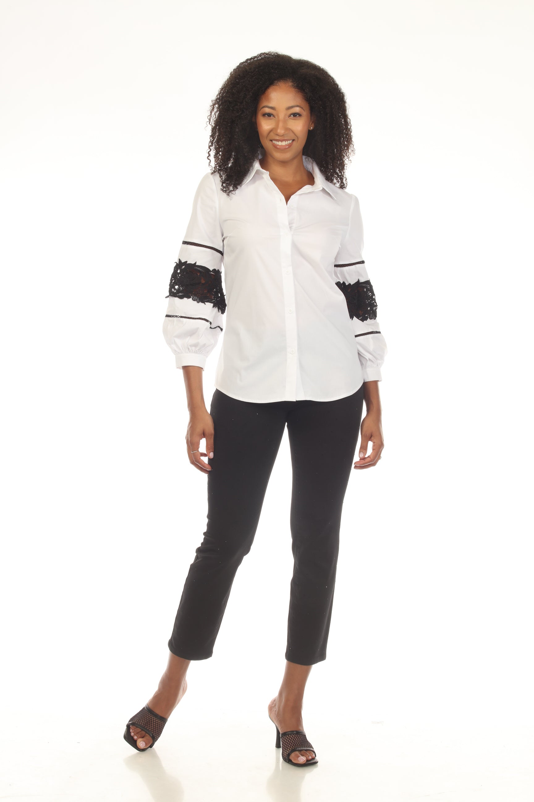 Cornelia blouse in white with black lace sleeves, stretch fabric by AZI JEANS at HCO FBG