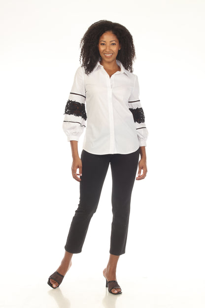 Cornelia blouse in white with black lace sleeves, stretch fabric by AZI JEANS at HCO FBG