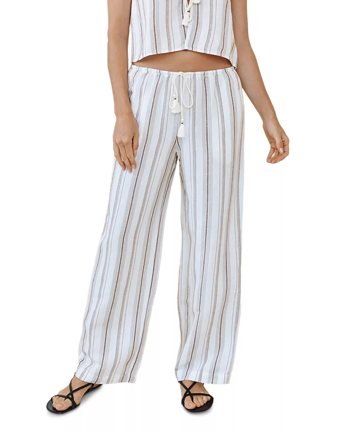 Beach Pant with Tasssel Drawstring - Rosewood Stripe in striped fabric, straight leg by BELLA DAHL