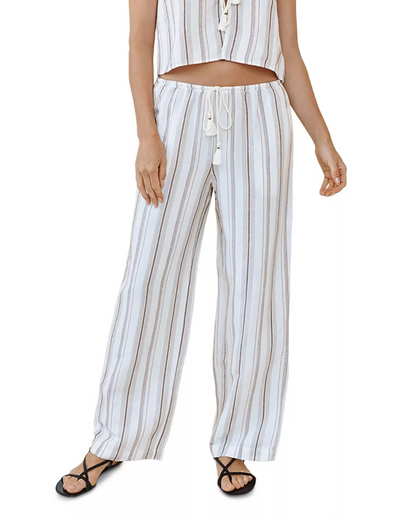 Beach Pant with Tasssel Drawstring - Rosewood Stripe in striped fabric, straight leg by BELLA DAHL