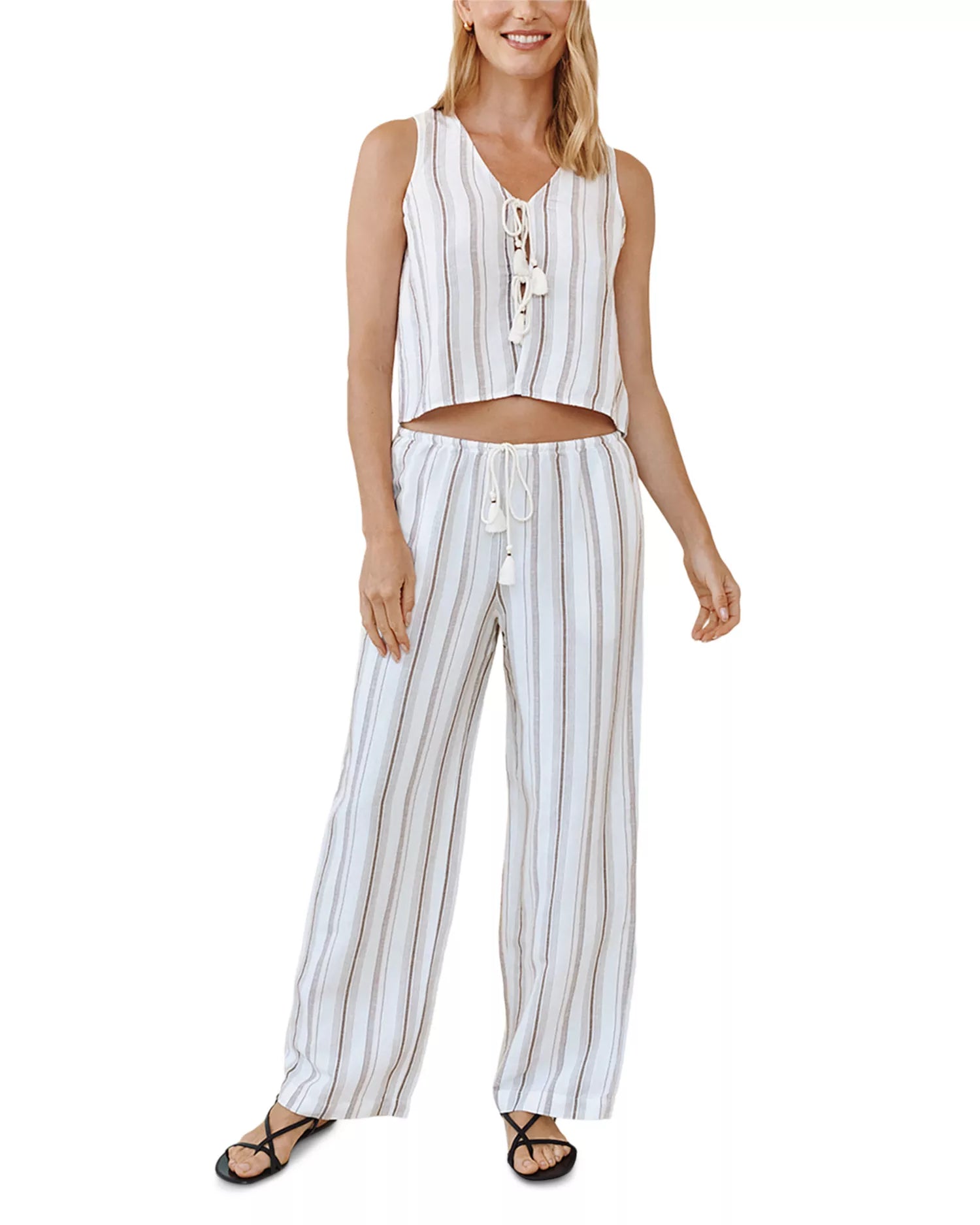 Beach Pant with Tasssel Drawstring - Rosewood Stripe in striped fabric, straight leg, BELLA DAHL