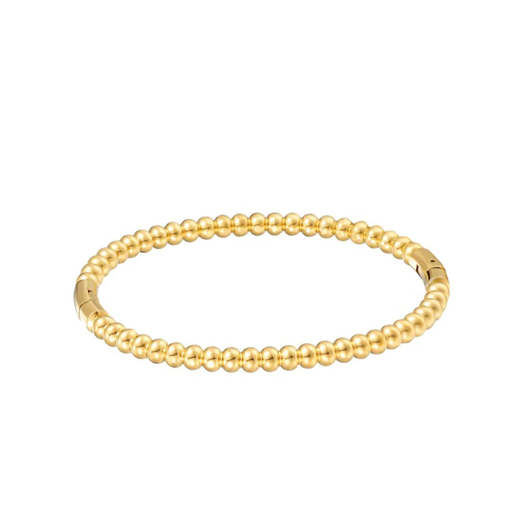 Circular repeat bangle in gold with evenly spaced round bead links and small clasp