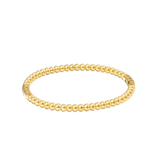Circular repeat bangle in gold with evenly spaced round bead links and small clasp