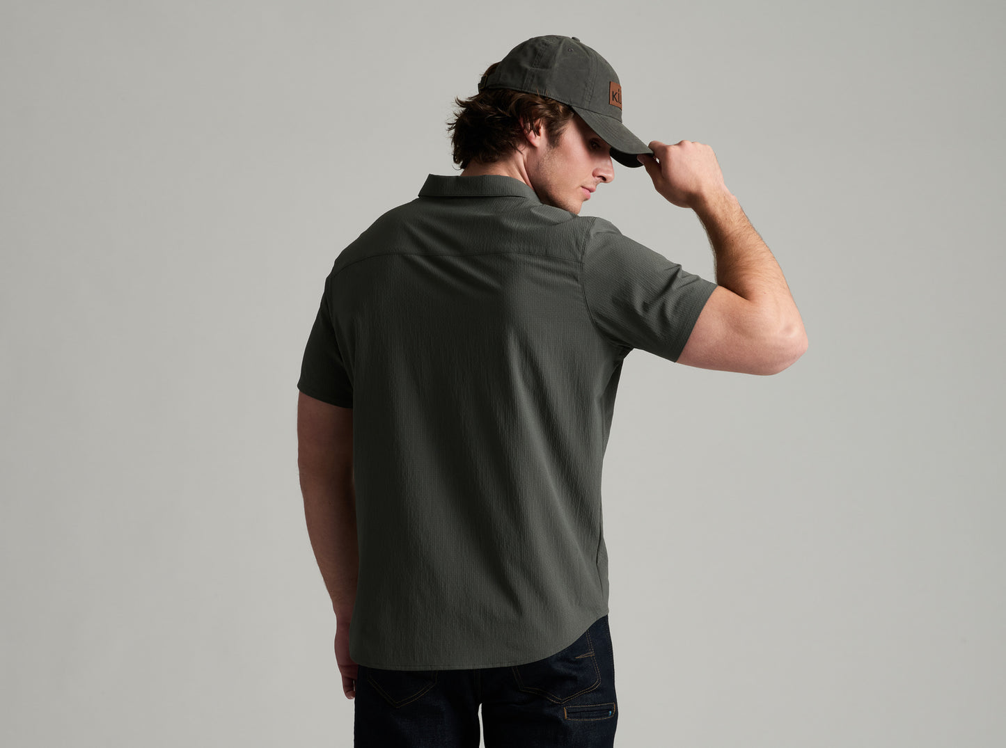 Edge SS men's short sleeve shirt in gray with stretch, moisture wicking, and UV protection
