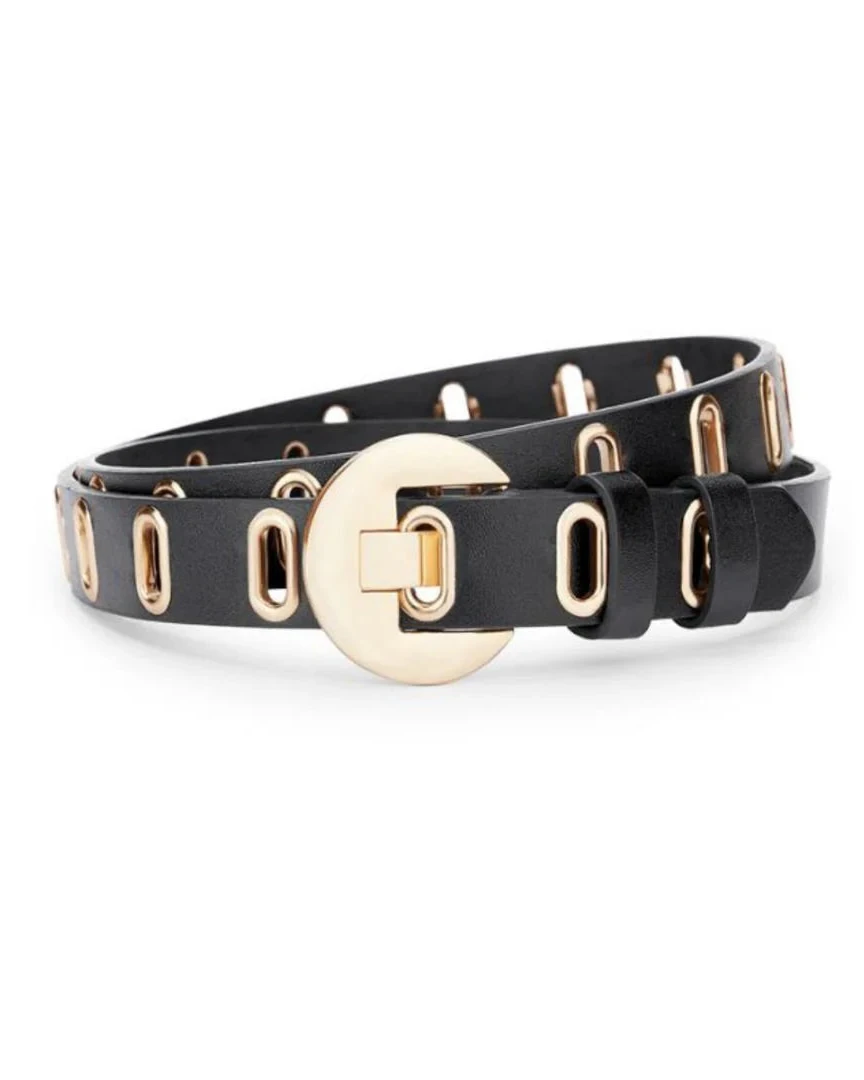 Black leather belt with gold hardware on a white background