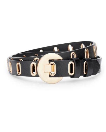 Black leather belt with gold hardware on a white background