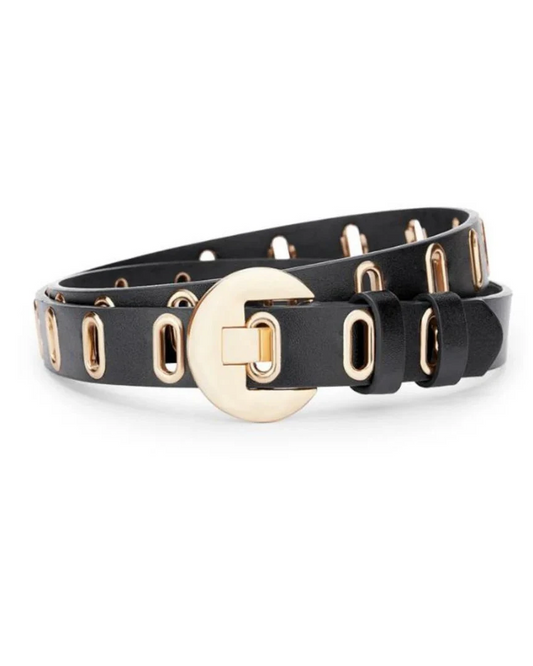 Black leather belt with gold hardware on a white background