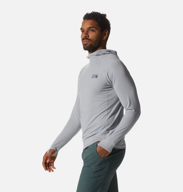 Crater Lake Long Sleeve Hoody M in gray and blue with moisture wicking and UPF 50+ by MOUNTAIN HARDWEAR