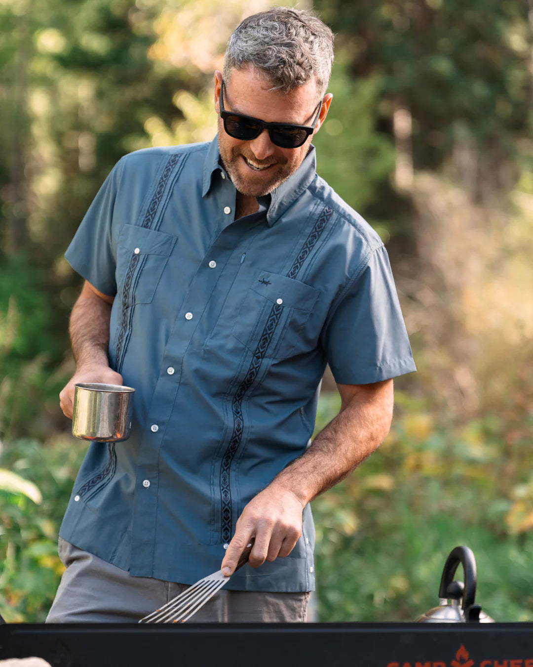 Guayabera Libre - Frio Blue moisture-wicking short sleeve shirt with blue geometric trim by TEXAS STANDARD