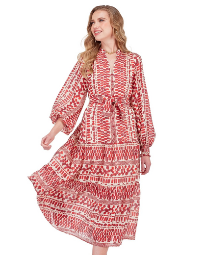 Front Split Buttons Midi Dress - Crimson Rhythm
