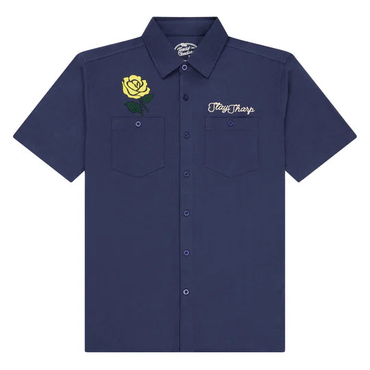 Drifter Shirt - Yellow Rose navy short sleeve with yellow rose and "Stay Sharp" embroidery by TEXAS STANDARD